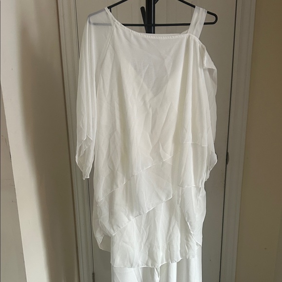 Amazon Elegant White V-Neck Jumpsuit with waterfall sheer quarter blouse over - Picture 3 of 10